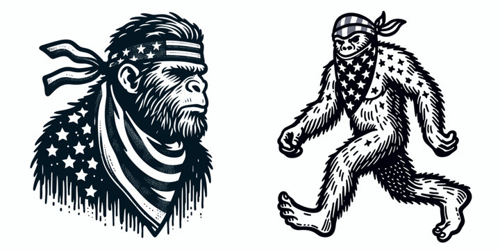 A Bigfoot wear american flag print bandana. Minimal Vintage Grunge Independence Day 4th of July Patriotic Usa America Retro Clipart. Hairy wildman in stars and stripes kerchief united state.