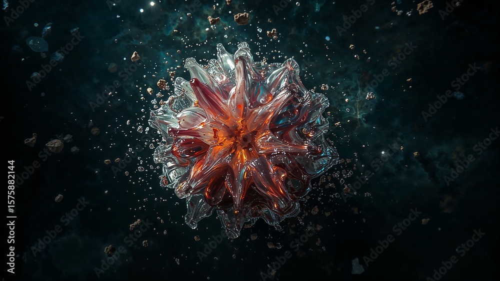 Poster abstract rendering of a flower like form with glowing center surrounded by debris in space