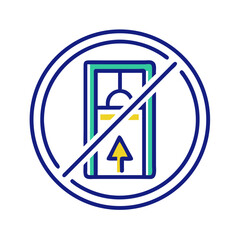 Prohibition symbol over open elevator with arrow in clean flat style, representing restriction on elevator use, safety warning, emergency protocol and access control, no background

