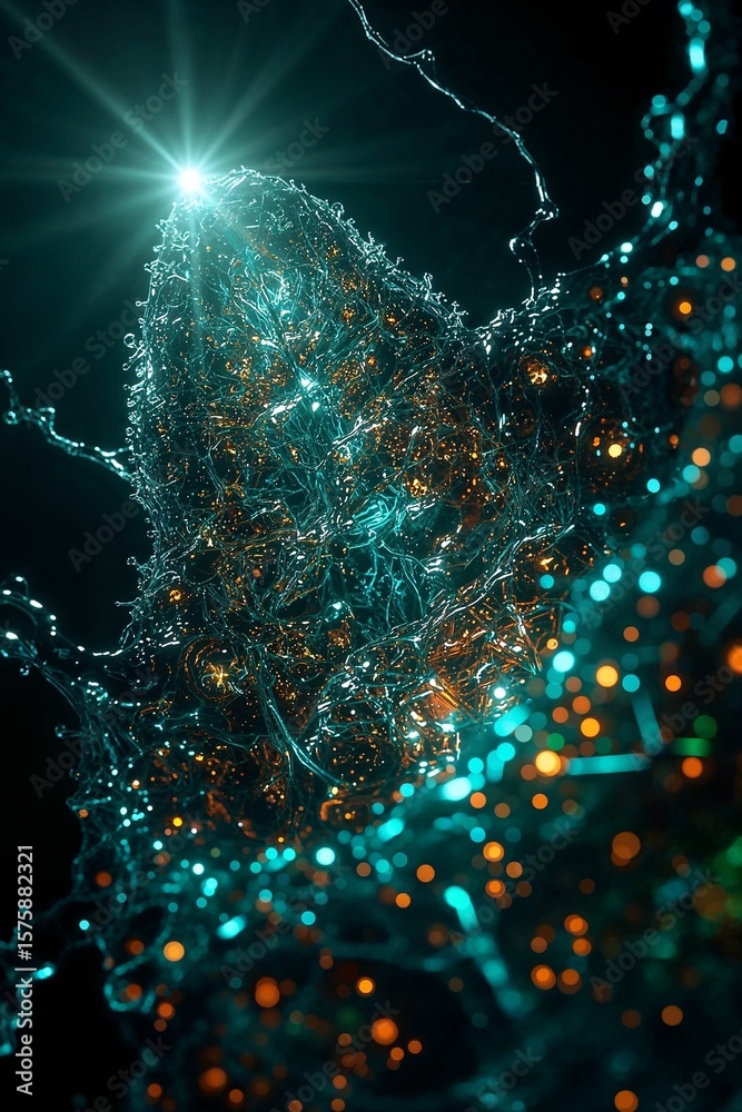 Poster abstract rendering of a complex network with glowing nodes and interconnected lines on black backgro