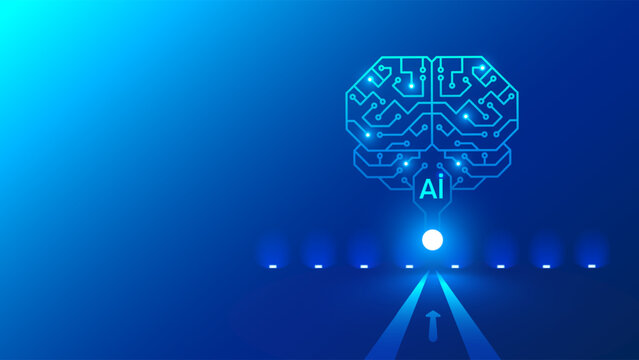 Circuit board in shape electronic brain with gyrus, symbol AI hanging in cyberspace. Symbol of computer neural networks, artificial intelligence or AI and AGI. AI agent hardware conceptual banner.