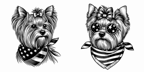 A Yorkshire Terrier Dog wear american flag print bandana. Minimal Vintage Grunge Independence Day 4th of July Patriotic Usa America Retro Clipart. Small yorkie canine display banner.