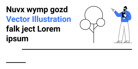 Man in formal attire pointing at text with clipboard, next to outlined tree and placeholder text. Ideal for education, presentations, teamwork, communication, business planning, analytics, simple