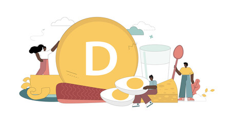 Vitamin D. Healthy eating. Little people eat foods containing vitamin D