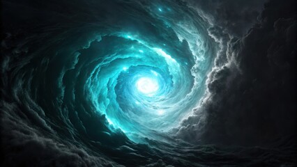 A mesmerizing vortex of glowing turquoise clouds swirling into a bright luminous center