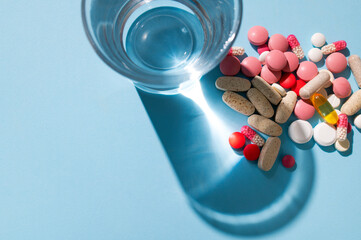 Different multi-colored tablets and glass of water on blue background flat lay top view. Concept of...