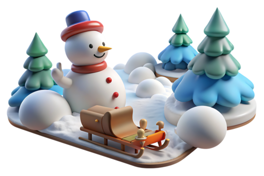 3 D Snowman with Sleigh and Christmas Trees in a Winter Scene isolated on a transparent background - Powered by Adobe