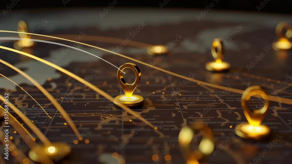 Poster golden connections on world map with location pins and data circles representing global networking