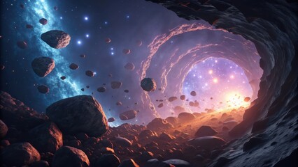 A breathtaking view from a rocky cavern looking out into a vibrant nebula filled with stars and floating asteroids