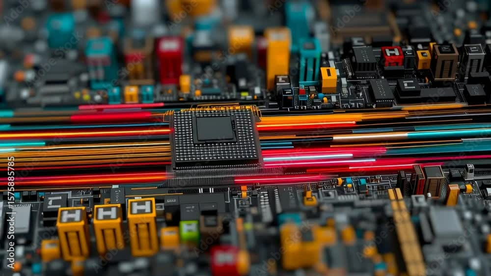 Poster close-up view of computer circuit board with colorful lighting and microprocessor details