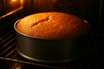 Close-up of a Golden Sponge Cake Baking Inside an Oven