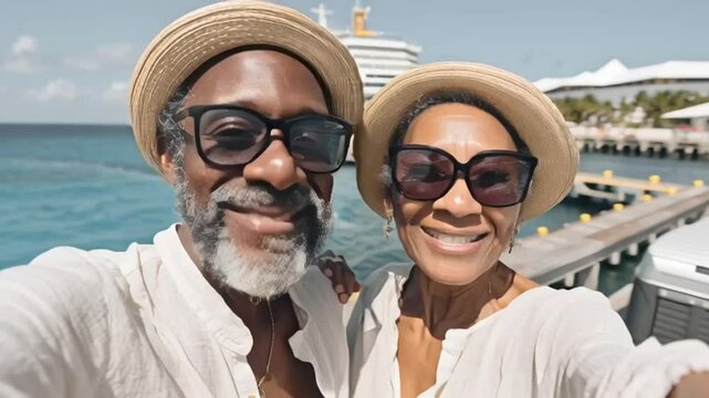 pareja senior de piel morena afroamericanos, con gafas de  sol, sombreros de paja y blusas blancas, posando a la camara y hablando, con fondo de puerto, mar y un barco de crucero grande blanco. 
