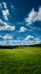 Obraz premium Green Field Landscape with Dramatic Blue Sky and Clouds