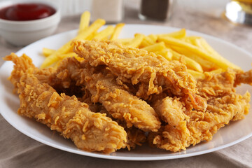 Homemade Chicken Strips with Fries on a Plate, low angle view. Close-up.