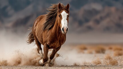 Wild horse running freely across the desert landscape at sunset with dynamic mane flowing in the wind
