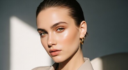 Portrait of a clean girl aesthetic young woman with glowing natural skin, slicked-back hair, minimal makeup, gold hoop earrings, wearing a neutral-toned outfit in soft daylight, calm and elegant backg