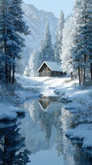 Snow-covered cabin reflects in serene stream surrounded by tall pine trees in peaceful winter landscape