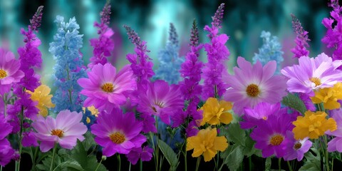 Colorful garden blooms during spring season showcasing vibrant purple, blue, and yellow flowers in full sunlight