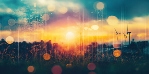 Abstract landscape with wind turbines and sunset colors