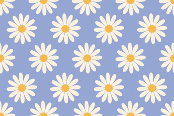 Seamless repeating daisy pattern creates a cheerful floral background with vibrant botanical elements and simple shapes.