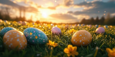 Colorful Easter eggs scattered on a vibrant green field during sunset in spring season