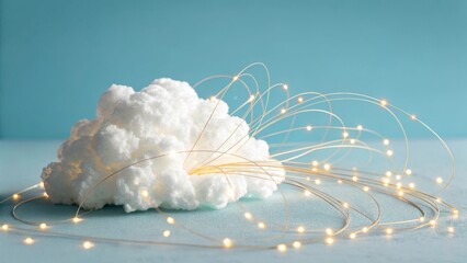 A fluffy white cloud illuminated by delicate golden fairy lights creating a magical and ethereal atmosphere