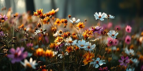 Vibrant field of wildflowers blooming in the early morning light with a misty background in a serene natural setting