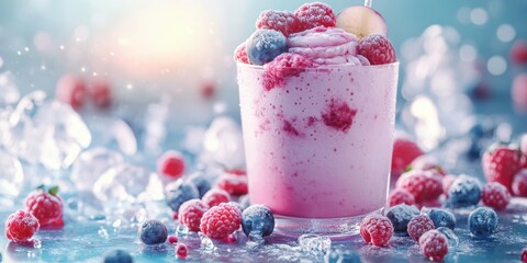 Refreshing raspberry smoothie served in a clear glass with ice and fruit on a colorful background