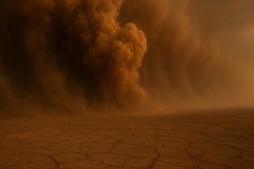 Huge sandstorm approaching over dry cracked soil in the desert