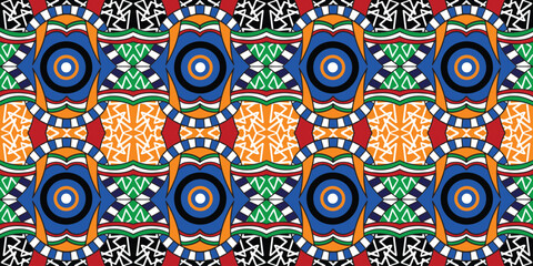 Fototapeta premium Vibrant seamless African tribal pattern. Bold geometric shapes, concentric circles, and zig-zags in striking blue, orange, green, red, black, white. Ideal for ethnic textiles, fashion, wallpaper, and 