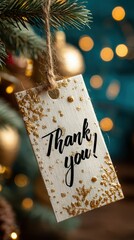 Elegant thank you tag hanging on a festive tree adorned with golden decorations and soft bokeh lights in the background