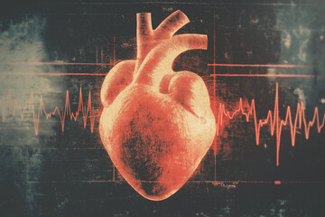 Artistic illustration of human heart with ekg heartbeat display