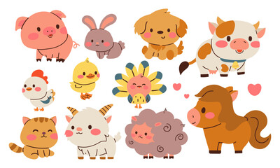 Farm. animals on the white background. horse, cow, pig, sheep, dog, cat, duck, rabbit, chicken and chicken. Cartoon cute character farm animals .