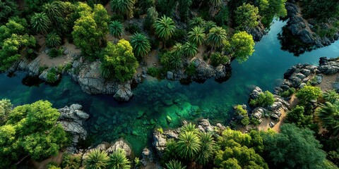 Captivating aerial view of lush greenery and tranquil river in a serene natural landscape