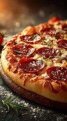 Delicious pepperoni pizza topped with herbs on a rustic wooden board at a cozy eatery during the evening
