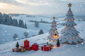 Snowy Landscape with Christmas Tree and Festive Presents Under Falling Snowflakes

