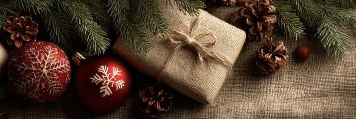 Decorative Christmas arrangement with wrapped gifts, ornaments, and pinecones on rustic fabric