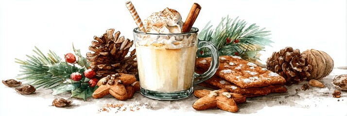 Warm winter drink with cinnamon, cookies, and pine decorations at a cozy holiday gathering