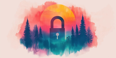 Colorful sunset over trees and symbolic padlock silhouette