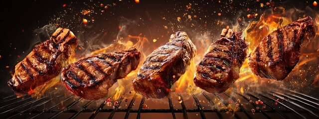 juicy grilled steaks being grilled on a searing flame grill . aspect ratio 8:3