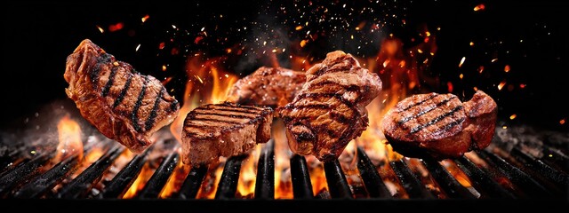 juicy grilled steaks being grilled on a searing flame grill . aspect ratio 8:3