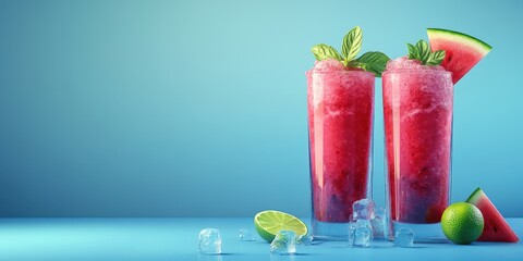 Refreshing watermelon slush drinks with mint garnishes and ice on a bright blue background