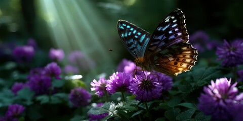 Colorful butterfly resting on vibrant purple flowers in a sunlit garden during springtime