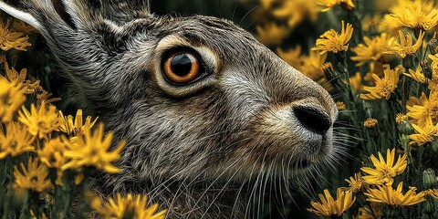Brown hare surrounded by vibrant yellow flowers in a sunny field during springtime