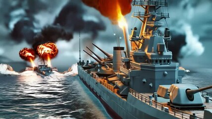 Model of a warship in rough seas. Useful for historical documentaries and educational programs about naval battles.
