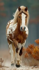 Majestic spotted horse walking through autumn foliage in a tranquil landscape