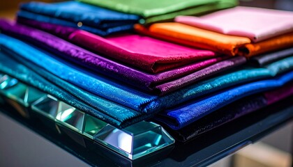 Oversized fabric swatches in bold jewel tones draped over acrylic blocks, captured with a deep depth of field and color clarity