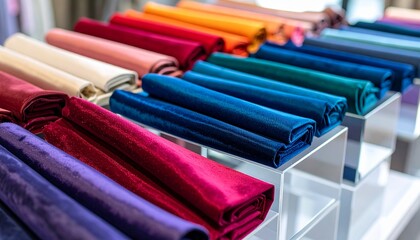 Fototapeta premium Oversized fabric swatches in bold jewel tones draped over acrylic blocks, captured with a deep depth of field and color clarity