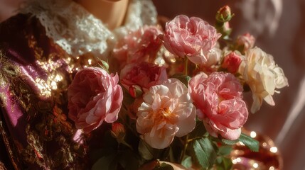 Beautiful bouquet of pink and cream roses held by a person in ornate attire during a soft-lit indoor setting