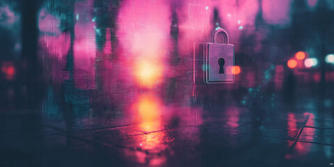Digital security padlock illuminated in neon cityscape concept